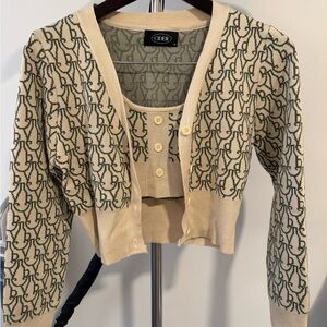 Cider Beige and Green Knit Cardigan Set